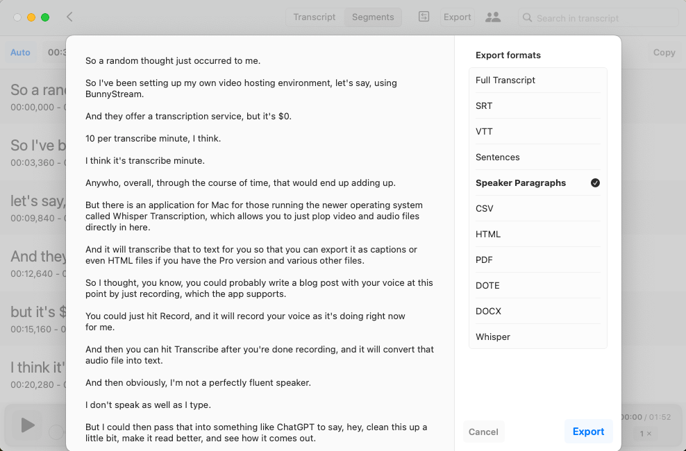 Screenshot of Whisper Transcription export